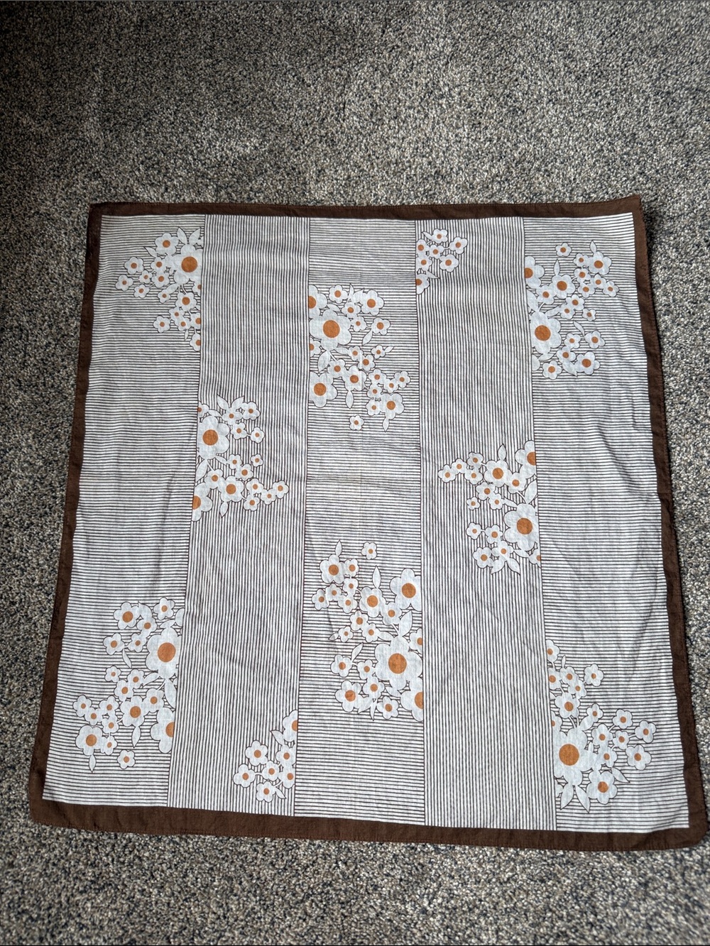 Vintage Floral Stripe Scarf Brown Rust White Retro Square
